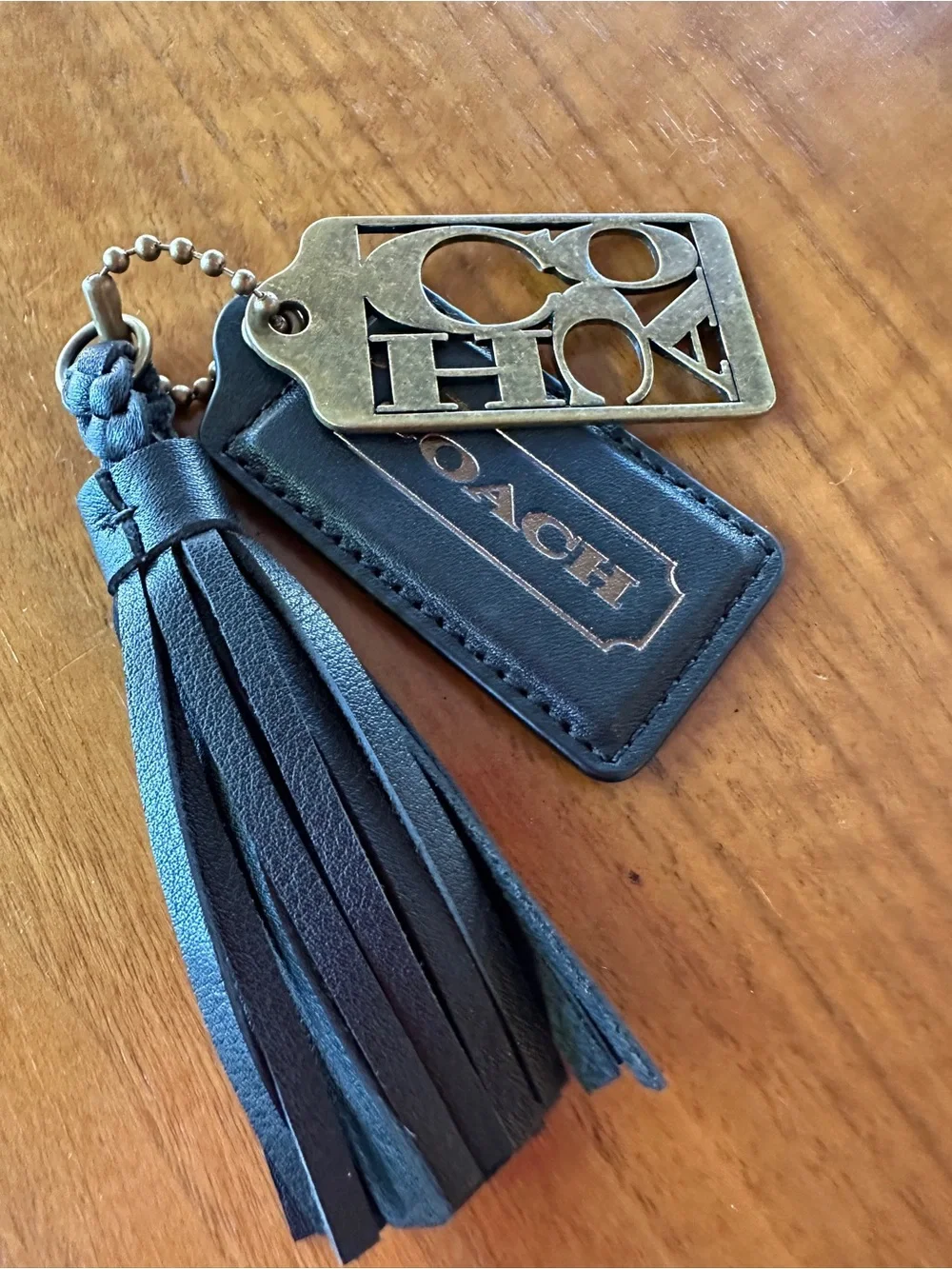 Coach Black Leather Tassel Key Fob with rare Brass Logo Tag